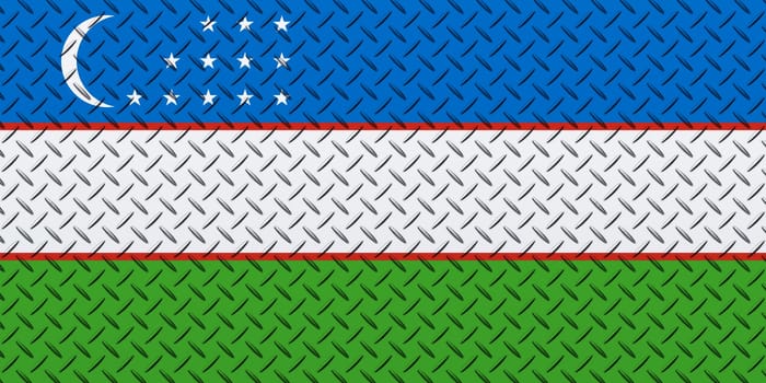 3D Flag of Uzbekistan on a metal wall background.