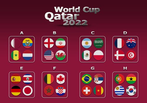 3d illustration groups of World Cup Qatar 2022 championship. All 32 qualifying countries. On the background of the flag of Qatar.