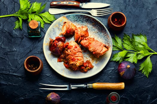 Fragrant meat stewed with ripe figs. Autumn popular recipe