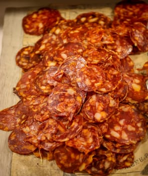 Salami on a buffet at a Spanish tapas bar.