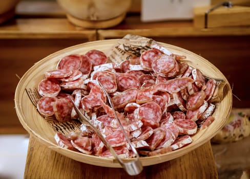 Salami on a buffet at a Spanish tapas bar.