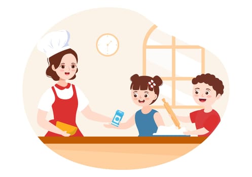 Cooking School With Kids and Teacher in a Class Learning to Learn Cooks Homemade Food on Flat Cartoon Hand Drawn Templates Illustration