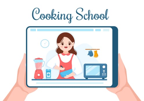 Live Streaming Online Cooking with chef in Class Learn to Cook Homemade Food and Variety of Dishes in Flat Cartoon Hand Drawn Template Illustration