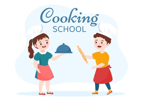 Cooking School With Kids and Teacher in a Class Learning to Learn Cooks Homemade Food on Flat Cartoon Hand Drawn Templates Illustration