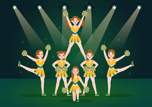 Cheerleader Girl with Pompoms of Dancing and Jumping to Support Team Sport During Competition on Flat Cartoon Hand Drawn Templates Illustration