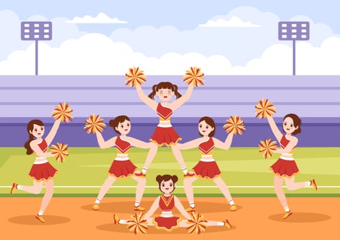Cheerleader Girl with Pompoms of Dancing and Jumping to Support Team Sport During Competition on Flat Cartoon Hand Drawn Templates Illustration