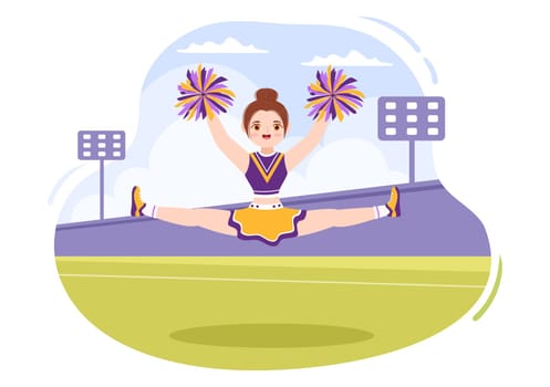 Cheerleader Girl with Pompoms of Dancing and Jumping to Support Team Sport During Competition on Flat Cartoon Hand Drawn Templates Illustration