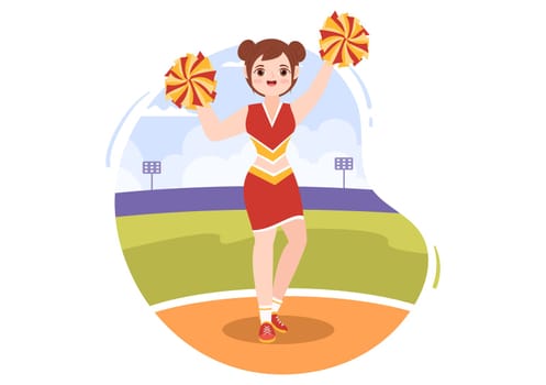 Cheerleader Girl with Pompoms of Dancing and Jumping to Support Team Sport During Competition on Flat Cartoon Hand Drawn Templates Illustration