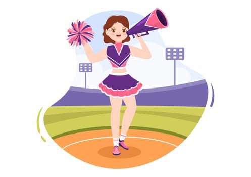Cheerleader Girl with Pompoms of Dancing and Jumping to Support Team Sport During Competition on Flat Cartoon Hand Drawn Templates Illustration