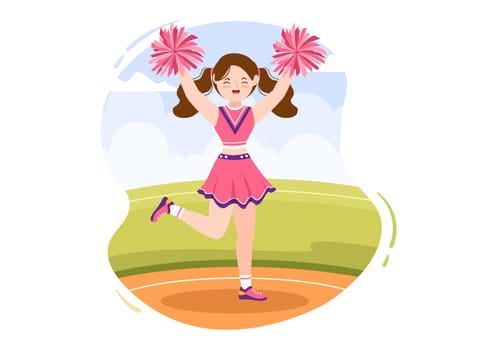 Cheerleader Girl with Pompoms of Dancing and Jumping to Support Team Sport During Competition on Flat Cartoon Hand Drawn Templates Illustration