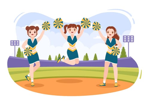 Cheerleader Girl with Pompoms of Dancing and Jumping to Support Team Sport During Competition on Flat Cartoon Hand Drawn Templates Illustration