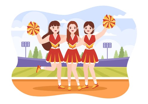 Cheerleader Girl with Pompoms of Dancing and Jumping to Support Team Sport During Competition on Flat Cartoon Hand Drawn Templates Illustration