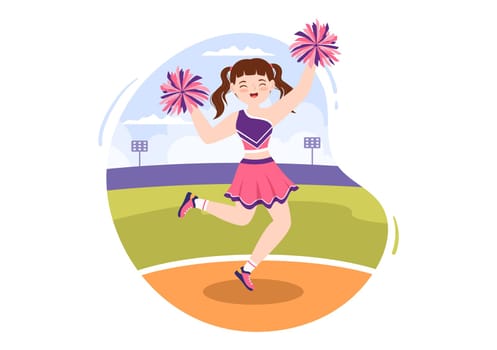 Cheerleader Girl with Pompoms of Dancing and Jumping to Support Team Sport During Competition on Flat Cartoon Hand Drawn Templates Illustration