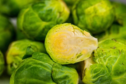 Brussels sprouts in a closeup with cut