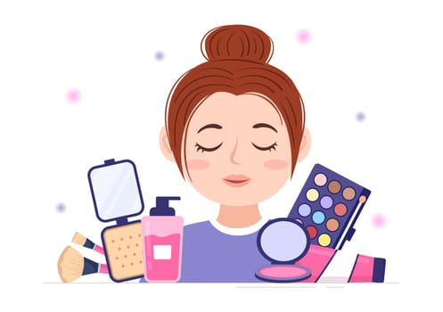 Beauty and Make up School with Cosmetic Products to Study and Beautiful Girls Applying Makeup in Flat Cartoon Hand Drawn Templates Illustration