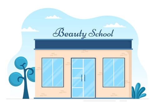 Beauty and Make up School with Cosmetic Products to Study and Beautiful Girls Applying Makeup in Flat Cartoon Hand Drawn Templates Illustration