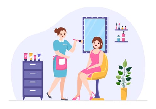 Beauty and Make up School with Cosmetic Products to Study and Beautiful Girls Applying Makeup in Flat Cartoon Hand Drawn Templates Illustration