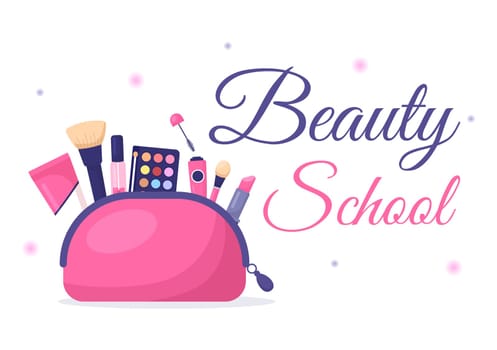 Beauty and Make up School with Cosmetic Products to Study and Beautiful Girls Applying Makeup in Flat Cartoon Hand Drawn Templates Illustration