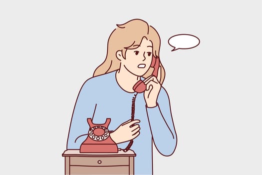 Young woman speak on old corded phone at home. Female have conversation on landline telephone. Communication and call. Vector illustration.
