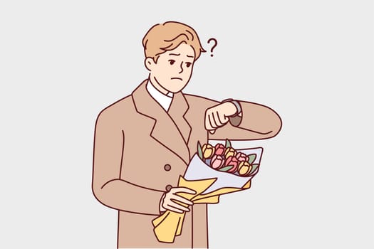 Upset young man holding flowers look at clock waiting for female date. Unhappy stressed male with bouquet check time before meeting with lover. Vector illustration.