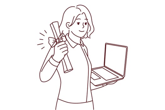 Smiling young woman holding diploma and laptop in hands graduate from university online. Happy female student excited with college graduation remotely. Vector illustration.