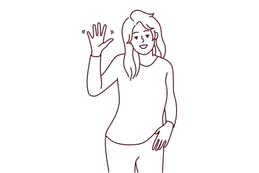 Portrait of smiling young woman wave with hand feeling overjoyed and optimistic. Happy female make hand gesture greeting or welcoming. Vector illustration.
