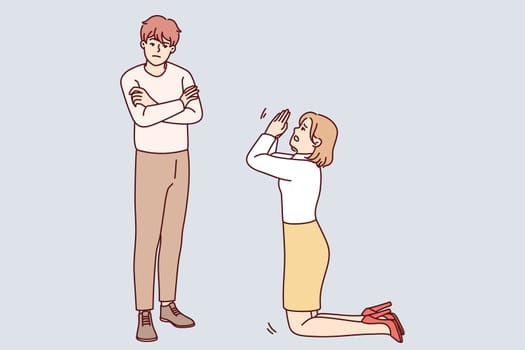 Woman kneel ask forgiveness from man. Female stand on knees beg stubborn offended male to forgive. Relationship problems. Vector illustration.