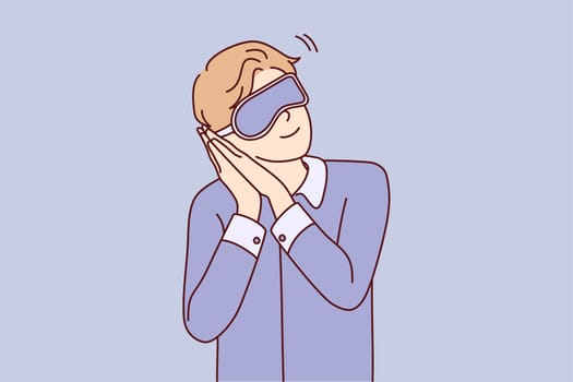 Sleepy man in eye mask ready for daydream or sleep. Happy guy in pajama preparing for nap or bedtime. Relaxation and fatigue. Vector illustration.