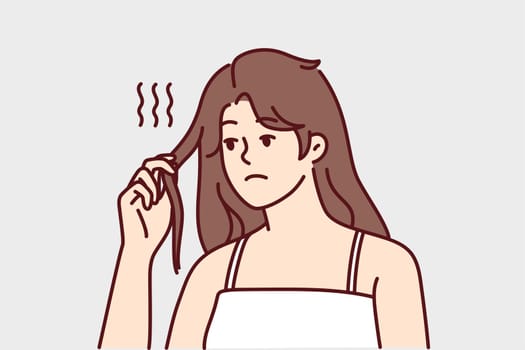 Unhappy young woman distressed with thin breakable hair. Upset girl frustrated with hair loss and breakage having split ends. Haircare and beauty. Vector illustration.
