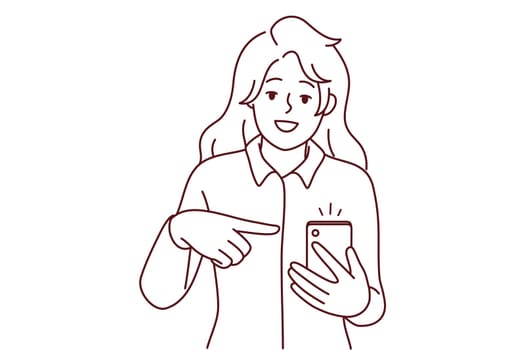 Smiling woman point at notification on cellphone screen. Happy female recommend good sale deal or offer on mobile phone. Vector illustration.