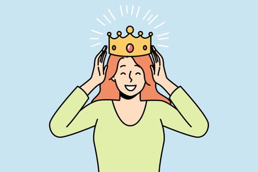 Smiling young woman with crown on head celebrate success. Happy confident female crowned for good results or achievements. Vector illustration.