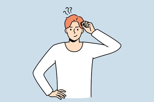 Frustrated young man think of problem solution. Pensive guy feel confused and doubtful solving trouble or issue. Dilemma. Vector illustration.