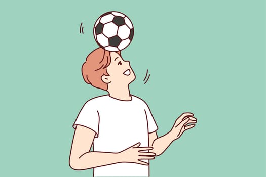 Happy young man playing football outdoors. Smiling guy with ball on head have fun enjoy sport activity. Vector illustration.