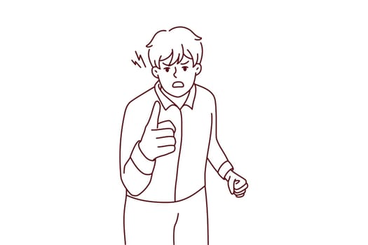 Angry man point at screen accuse or blame someone. Furious guy threaten to person feel outraged and distressed. Vector illustration.