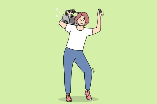 Overjoyed young woman with stereo on shoulder dancing and having fun. Smiling girl enjoy music on boombox device. Vector illustration.