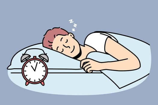Happy guy lying in bed sleeping peacefully. Smiling calm young man relax nap in bedroom. Relaxation and daydreaming. Vector illustration.