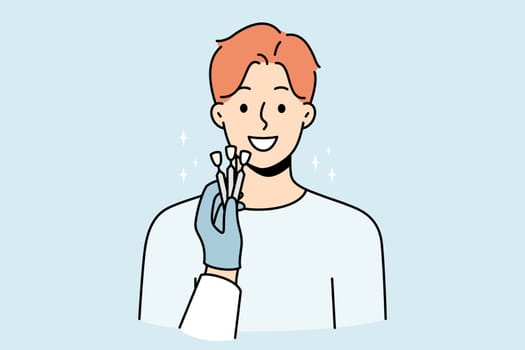 Dentists hand with veneers comparing with client teeth in clinic. Concept of tooth prosthesis and dental care. Vector illustration.