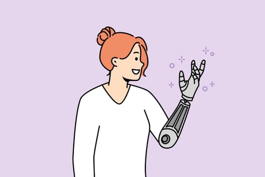 Smiling young woman with bionic arm. Happy female with prosthesis feeling optimistic. Disability and technology. Vector illustration.