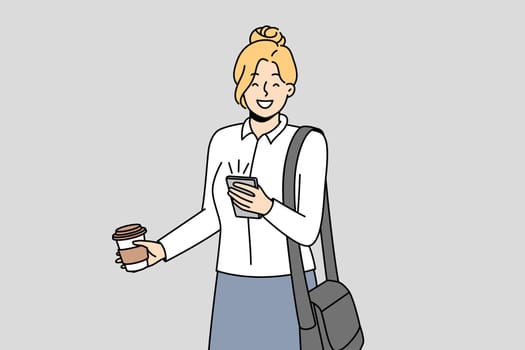 Smiling businesswoman use cellphone drink coffee from takeaway cup. Happy motivated female employee enjoy takeout drink browse smartphone. Vector illustration.