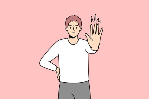 Decisive young man show no hand gesture. Serious male demonstrate stop sign. Nonverbal communication and body language. Vector illustration.