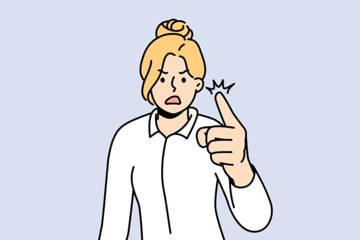Furious businesswoman feel emotional screaming and scolding. Mad woman point with finger shout and lecture. Vector illustration.