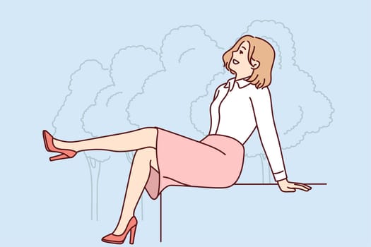 Smiling businesswoman sit on bench in park relaxing outdoors. Happy woman enjoy good day outside near forest. Vector illustration.