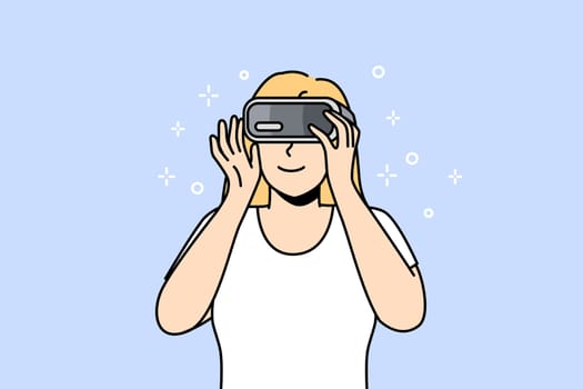 Smiling woman in VR glasses explore new horizons. Happy girl in virtual reality headset enjoy modern technology. Vector illustration.