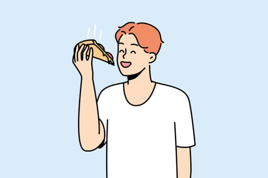 Smiling young man eating slice of pizza. Happy guy enjoy delicious Italian fast food. Cuisine concept. Vector illustration.