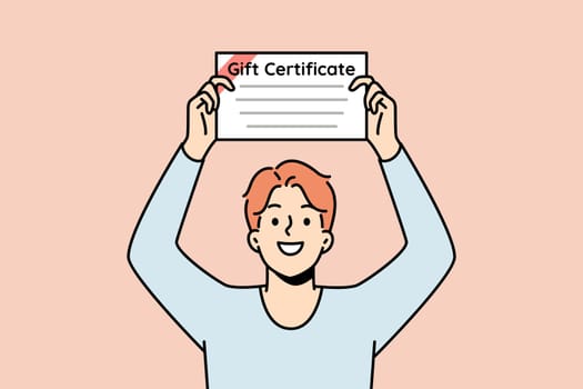 Smiling young man holding gift certificate in hands. Happy guy with paperwork document for present. Vector illustration.
