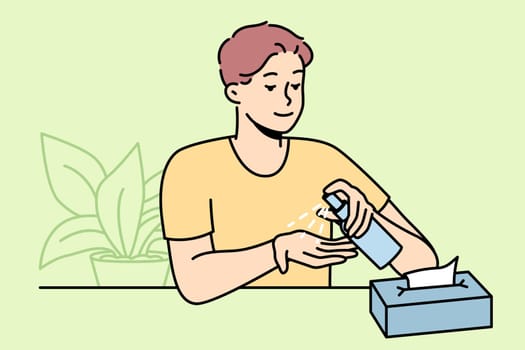Young man use antiseptic liquid cleaning hands. Guy sanitize hands with sanitizer in bottle. Healthcare concept. Vector illustration.