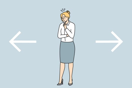 Confused businesswoman near huge arrows facing different directions make choice or decision. Frustrated woman employee think consider idea. Vector illustration.