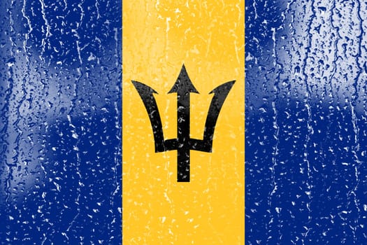 3D Flag of Barbados on a glass with water drop background.