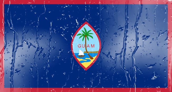 3D Flag of Guam on a glass with water drop background.