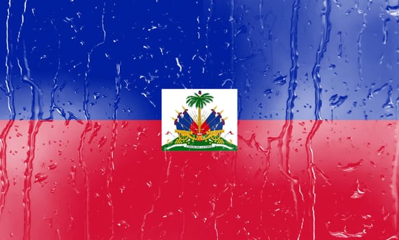 3D Flag of Haiti on a glass with water drop background.